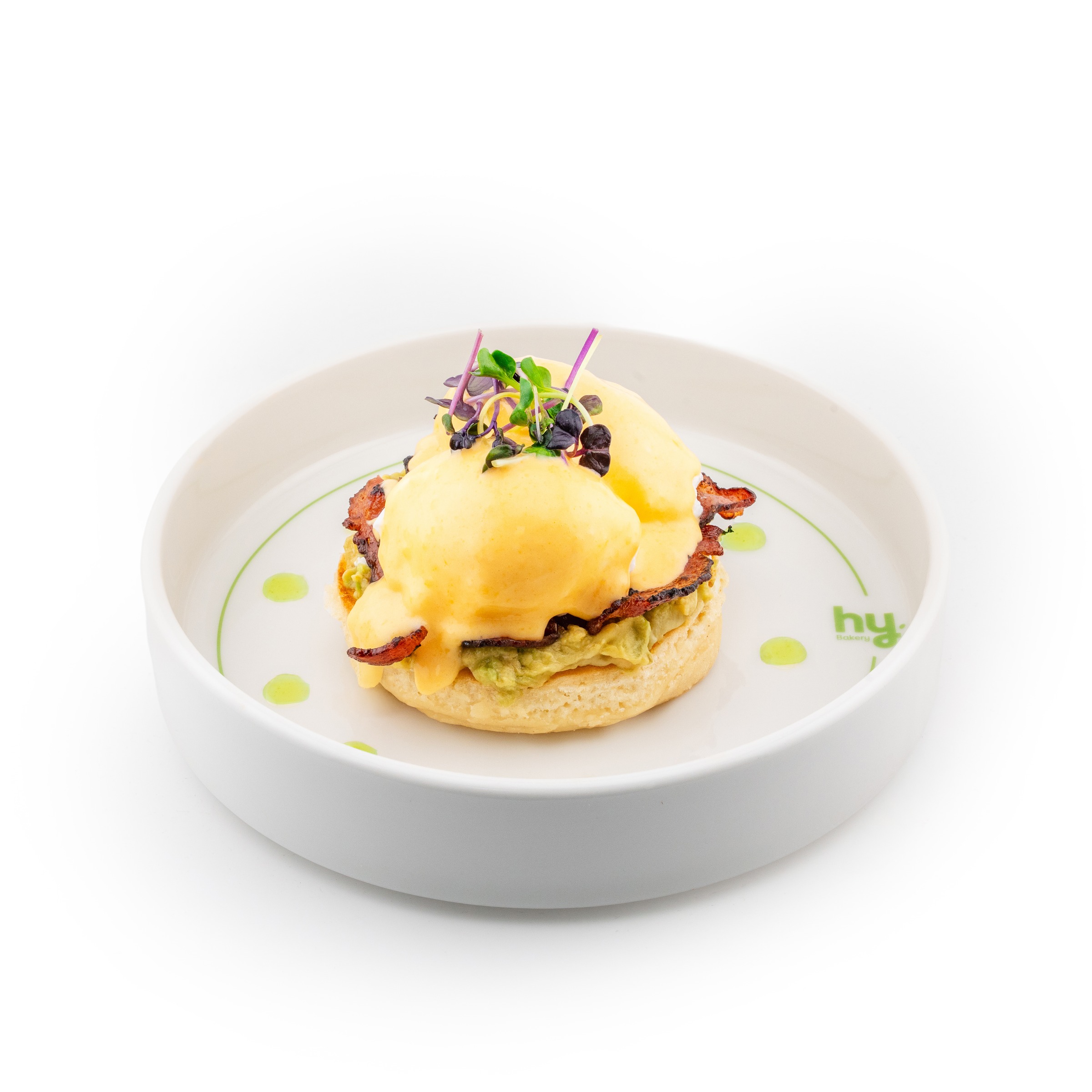 Eggs Benedict plated for breakfast at hy Bakery